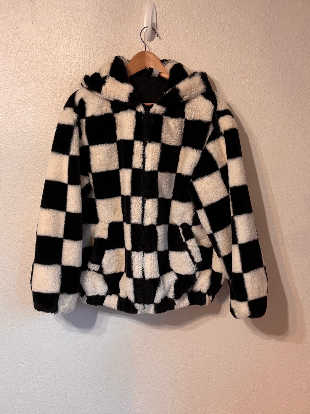 H&M Divided Checkered Faux Fur Hooded Jacket XS